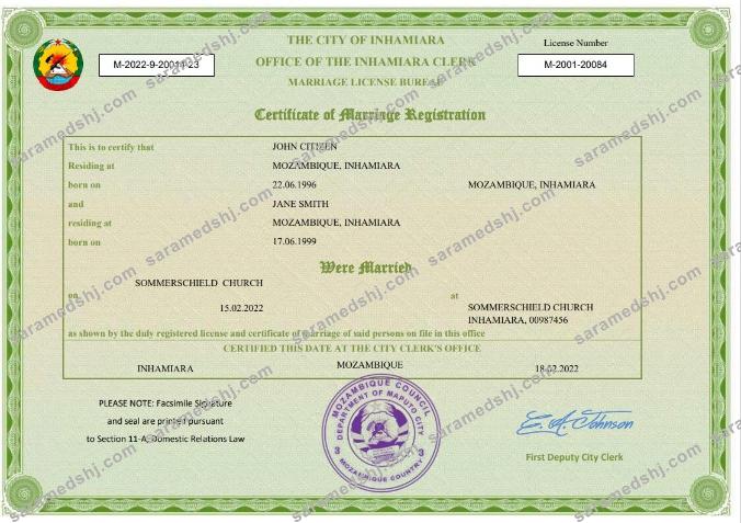 Mozambique marriage certificate Word and PDF template